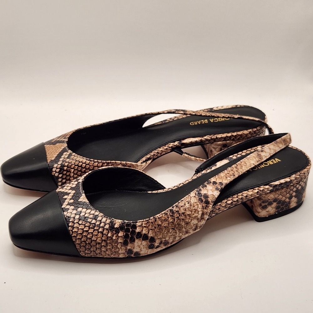 New Veronica Beard Cecile Cap Toe Slingback Pumps 7 Latte Black Snakeskin